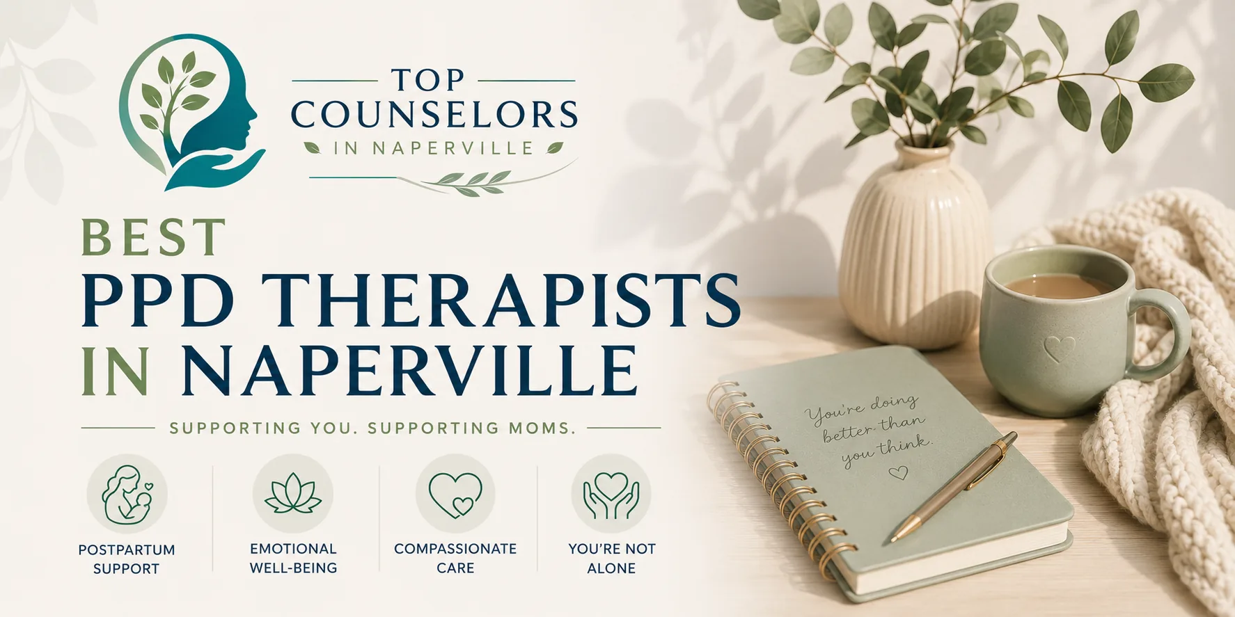 Top postpartum and maternal mental health therapists in Naperville, IL supporting a new mother